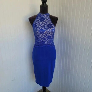 Elegant Stretch Women's High Neck Halter Lace Dress Bodycon Blue Tan Keyhole S